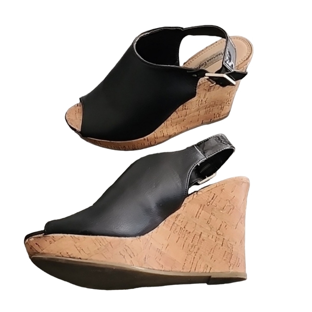 AEO AMERICAN EAGLE Slingback Cork Wedge Sandals 8.5 Pebbled Black Vegan Leather - Picture 9 of 16